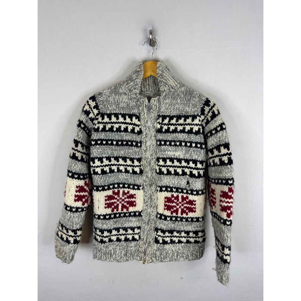 Vintage Hand Knit Cowichan Wool Zip Cardigan Sweater Grey Red Snowflake Women S